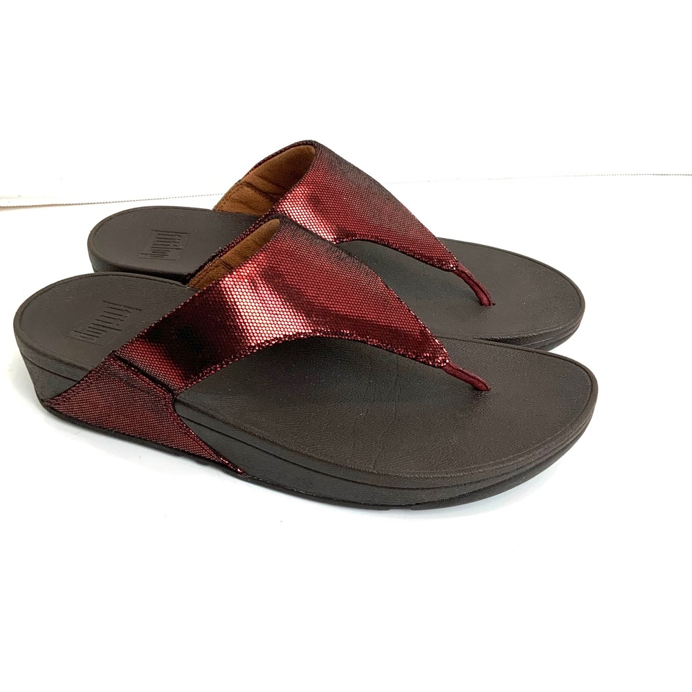 FitFlop Sz 10 Red Metallic Lulu Lustra Toe Post Thong Wedge Sandals